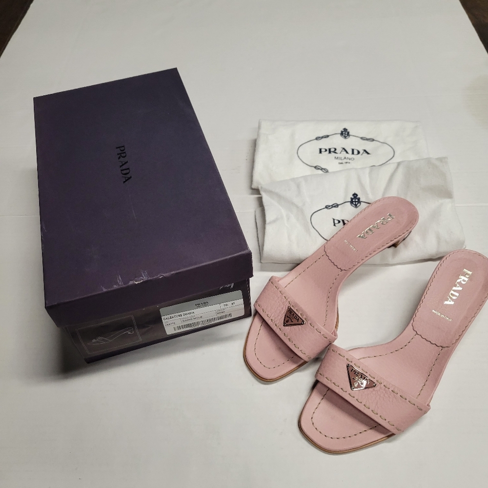 Vintage PRADA Daino Mule Shoes Baby Pink Low Heel Slide Sandals 37 - Picture 2 of 12